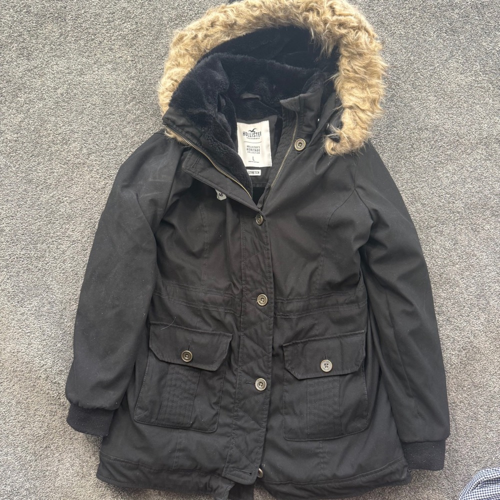 Hollister Heritage Collection Black Faux Fur Trim Hooded Parka Jacket Large